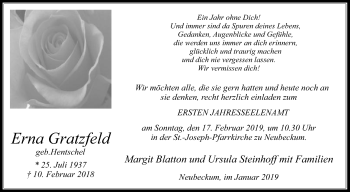 Traueranzeige von Erna Gratzfeld von Die Glocke