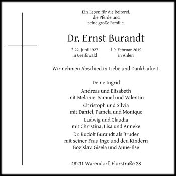 Traueranzeige von Ernst Burandt von Die Glocke