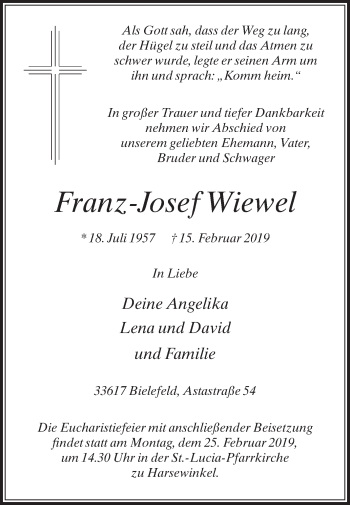 Traueranzeige von Franz-Josef Wiewel von Die Glocke