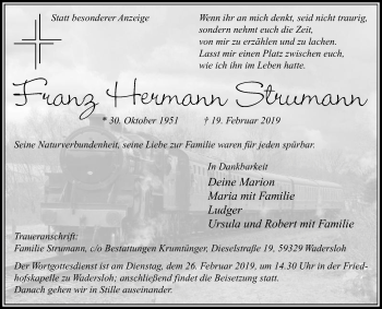 Traueranzeige von Franz Hermann Strumann von Die Glocke