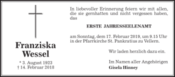 Traueranzeige von Franziska Wessel von Die Glocke