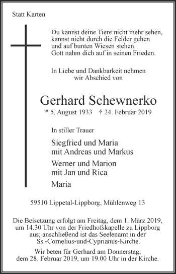 Traueranzeige von Gerhard Schewnerko von Die Glocke