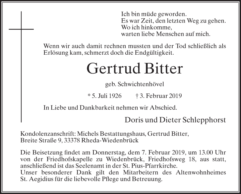  Traueranzeige für Gertrud Bitter vom 05.02.2019 aus Die Glocke