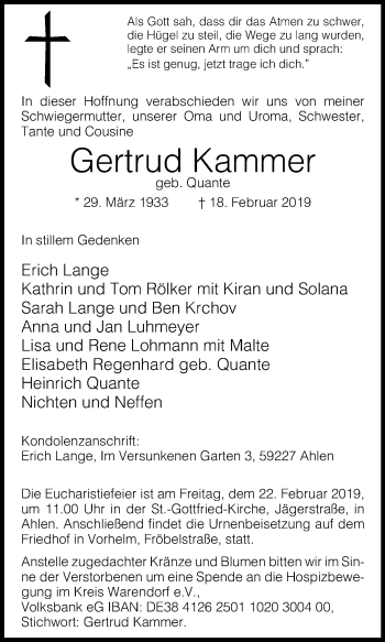 Traueranzeige von Gertrud Kammer von Die Glocke