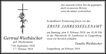 Traueranzeige von Gertrud Wietbüscher von Die Glocke