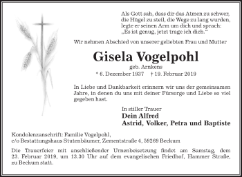 Traueranzeige von Gisela Vogelpohl von Die Glocke