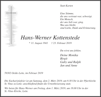 Traueranzeige von Hans-Werner Kottenstede von Die Glocke