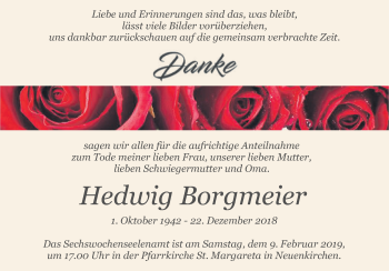 Traueranzeige von Hedwig Borgmeier von Die Glocke