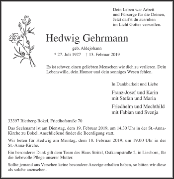 Traueranzeige von Hedwig Gehrmann von Die Glocke
