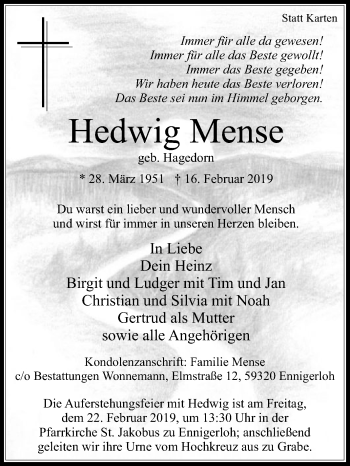Traueranzeige von Hedwig Mense von Die Glocke