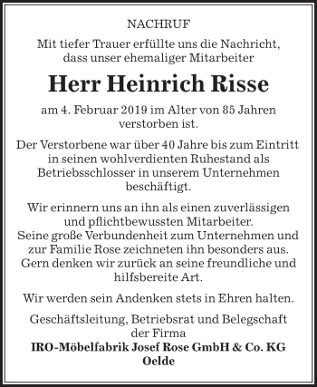 Traueranzeige von Heinrich Risse von Die Glocke