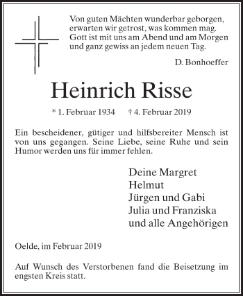 Traueranzeige von Heinrich Risse von Die Glocke