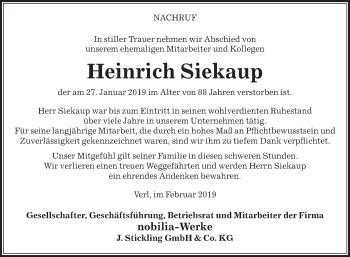 Traueranzeige von Heinrich Siekaup von Die Glocke