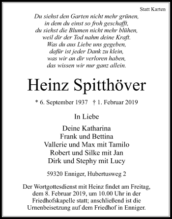 Traueranzeige von Heinz Spitthöver von Die Glocke
