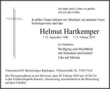 Traueranzeige von Helmut Hartkemper von Die Glocke