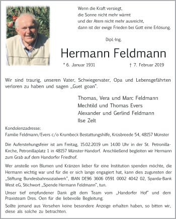 Traueranzeige von Hermann Feldmann von Die Glocke