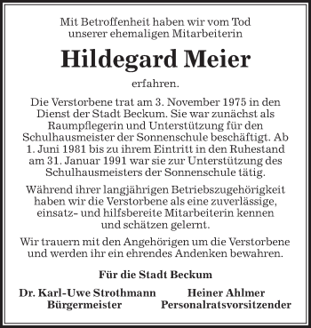 Traueranzeige von Hildegard Meier von Die Glocke