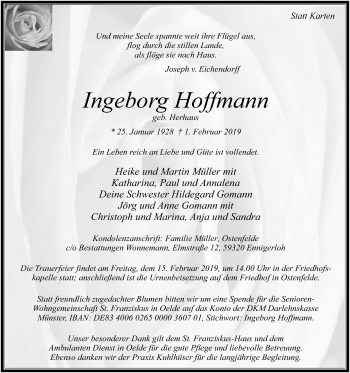 Traueranzeige von Ingeborg Hoffmann von Die Glocke