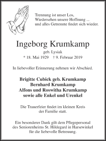 Traueranzeige von Ingeborg Krumkamp von Die Glocke