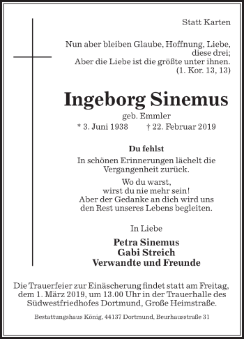 Traueranzeige von Ingeborg Sinemus von Die Glocke