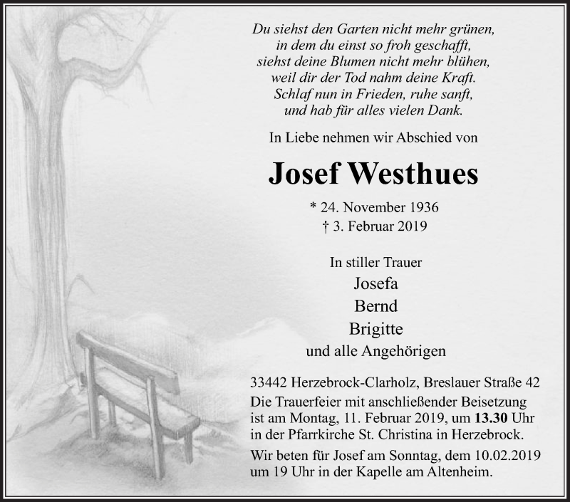  Traueranzeige für Josef Westhues vom 07.02.2019 aus Die Glocke