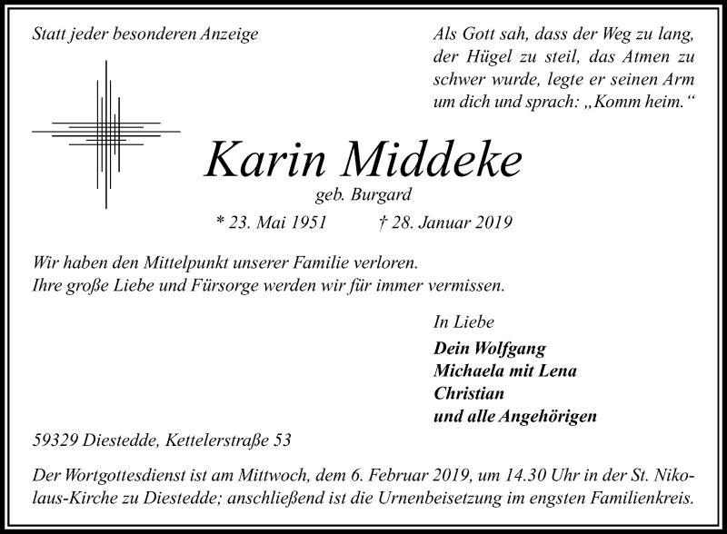  Traueranzeige für Karin Middeke vom 02.02.2019 aus Die Glocke