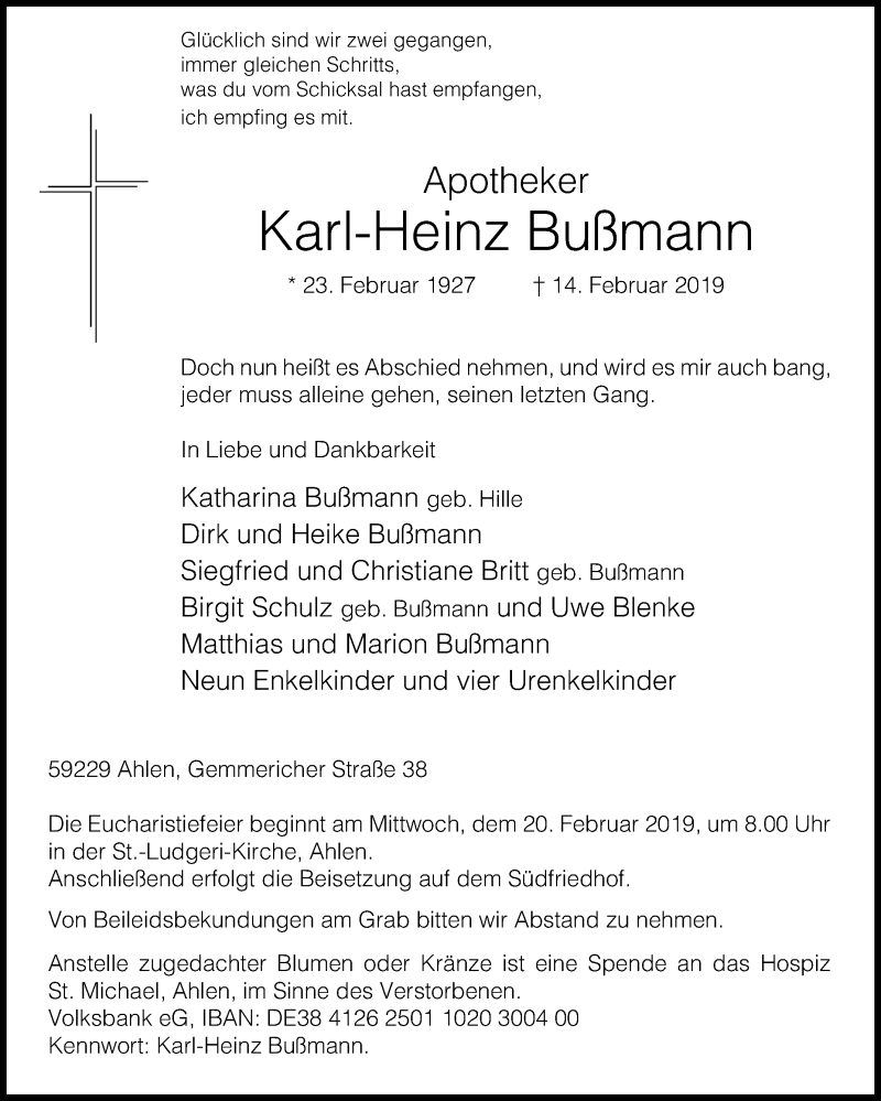  Traueranzeige für Karl-Heinz Bußmann vom 18.02.2019 aus Die Glocke