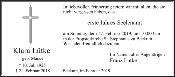 Traueranzeige von Klara Lütke von Die Glocke