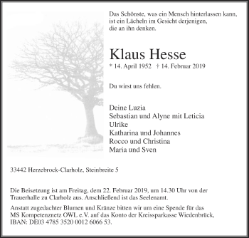 Traueranzeige von Klaus Hesse von Die Glocke