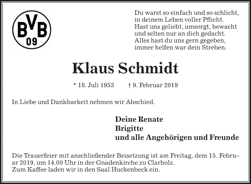  Traueranzeige für Klaus Schmidt vom 12.02.2019 aus Die Glocke