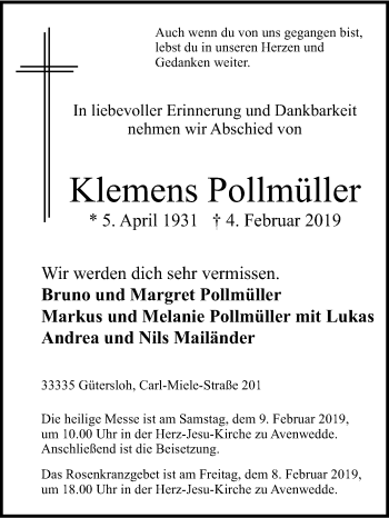 Traueranzeige von Klemens Pollmüller von Die Glocke