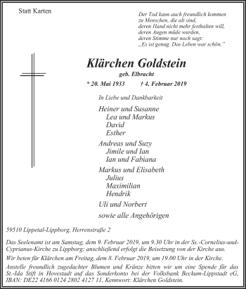 Traueranzeige von Klärchen Goldstein von Die Glocke