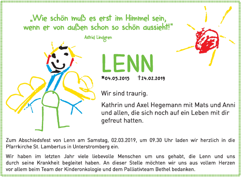  Traueranzeige für Lenn Hegemann vom 28.02.2019 aus Die Glocke