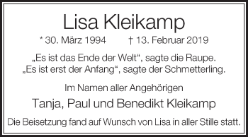 Traueranzeige von Lisa Kleikamp von Die Glocke