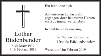 Traueranzeige von Lothar Büdenbender von Die Glocke