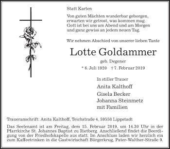 Traueranzeige von Lotte Goldammer von Die Glocke