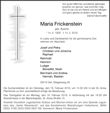 Traueranzeige von Maria Frickenstein von Die Glocke