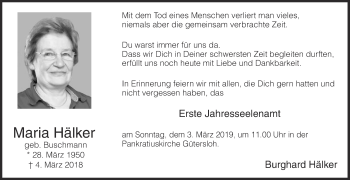 Traueranzeige von Maria Hälker von Die Glocke