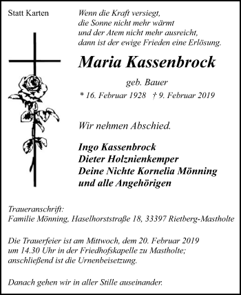 Traueranzeige von Maria Kassenbrock von Die Glocke