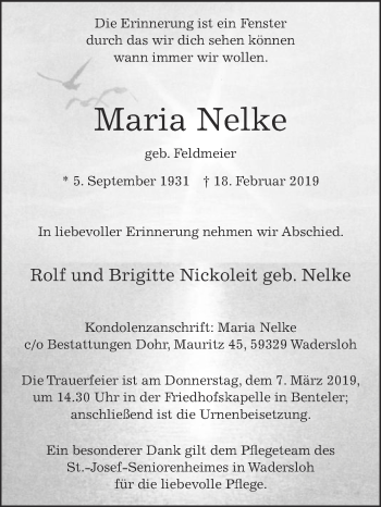 Traueranzeige von Maria Nelke von Die Glocke