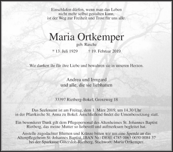 Traueranzeige von Maria Ortkemper von Die Glocke