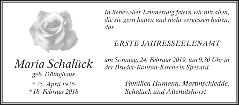  Traueranzeige für Maria Schalück vom 16.02.2019 aus Die Glocke