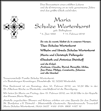 Traueranzeige von Maria Schulze Wartenhorst von Die Glocke