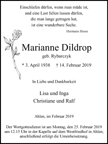 Traueranzeige von Marianne Dildrop von Die Glocke