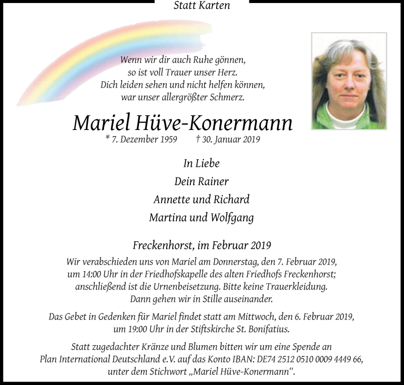  Traueranzeige für Mariel Hüve-Konermann vom 02.02.2019 aus Die Glocke