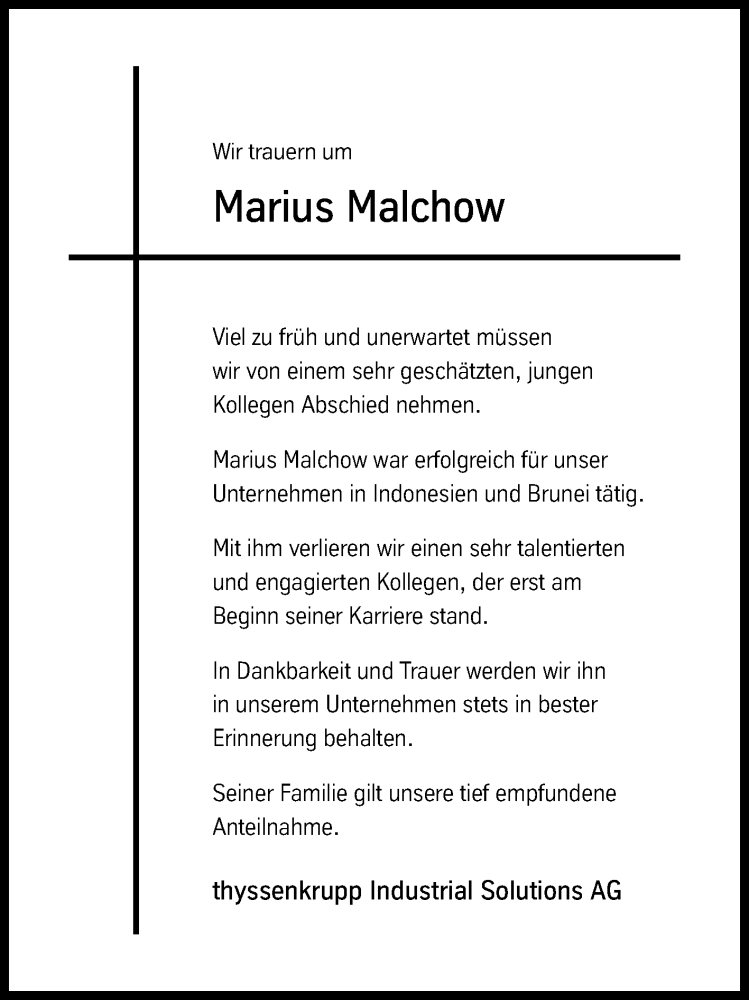  Traueranzeige für Marius Malchow vom 16.02.2019 aus Die Glocke