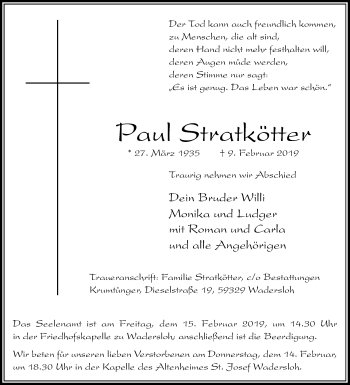 Traueranzeige von Paul Stratkötter von Die Glocke