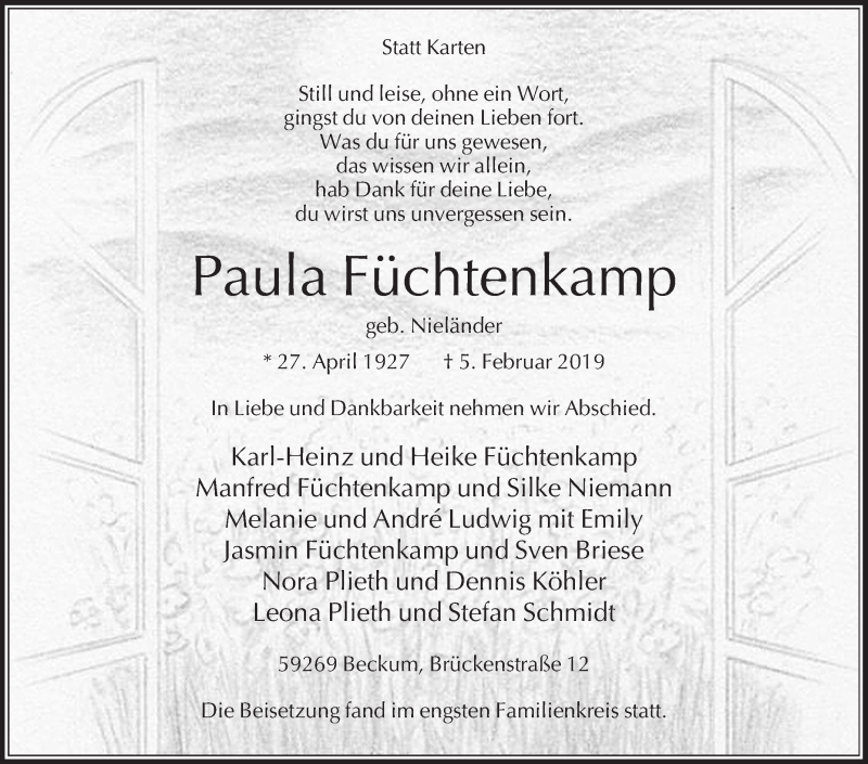  Traueranzeige für Paula Füchtenkamp vom 16.02.2019 aus Die Glocke