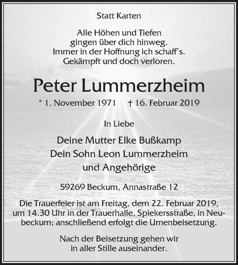  Traueranzeige für Peter Lummerzheim vom 20.02.2019 aus Die Glocke