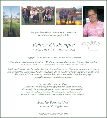 Traueranzeige von Rainer Kieskemper von Die Glocke